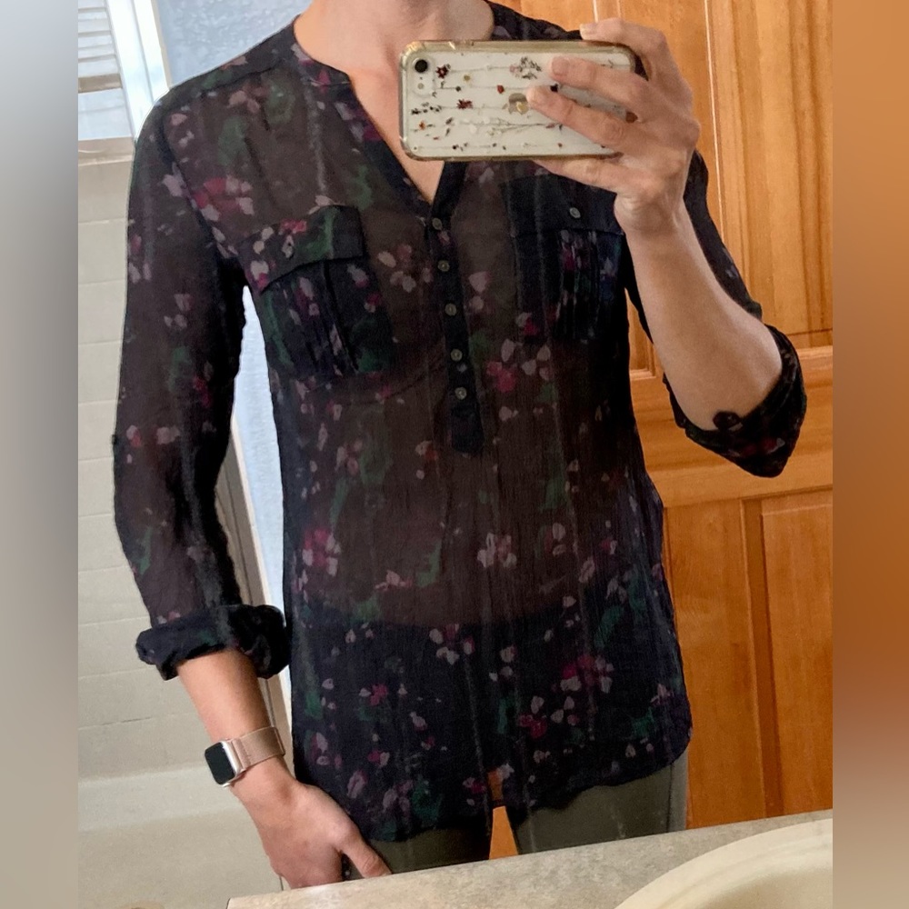 Eddie Bauer Flower Patterned Half Button-Down - image 1